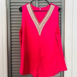 Hot Pink Sleeveless V-Neck Women's Top with Crochet Trim